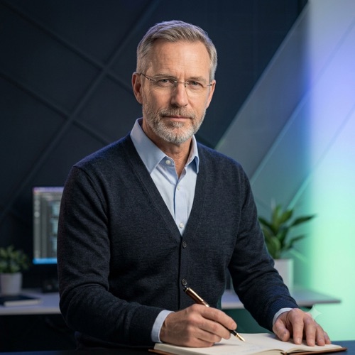 Porträt von Redakteur Helmut im dunklen Studio