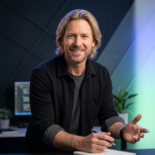 Porträt von Producer Mike, blonder Mann im dunklen Studio mit Notizblock